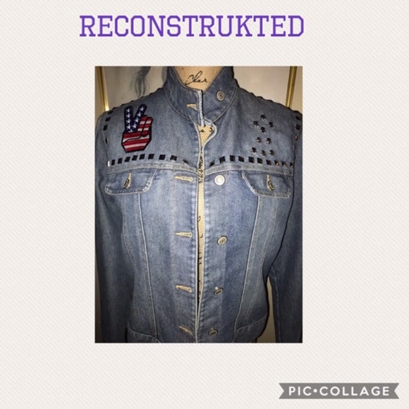 Up-Cycled Union Jack Denim Jacket W/Peace Patch & Silver Studs~Moto Style~Med/La - Picture 3 of 6